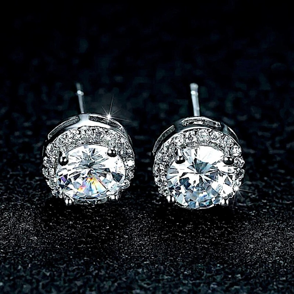 White Gold Zircon Stud Earrings, Round Cut